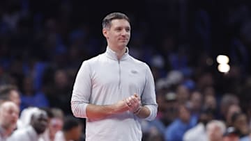 Nov 28, 2025; Oklahoma City, Oklahoma, USA; Oklahoma City Thunder head coach Mark Daigneault smiles during a play against the Phoenix Suns during the second half at Paycom Center. Mandatory Credit: Alonzo Adams-Imagn Images