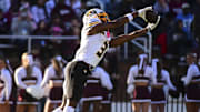 Nov 23, 2024; Starkville, Mississippi, USA; Missouri Tigers wide receiver Luther Burden III (3) attempts to make a reception against the Mississippi State Bulldogs during the first quarter at Davis Wade Stadium at Scott Field. Mandatory Credit: Matt Bush-Imagn Images