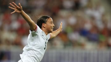  Mallory Swanson of United States celebrates scoring their second goal against Zambia in a women's Group B match during the Paris 2024 Olympic Summer Games at Allianz Riviera. Mandatory Credit: Raquel Cunha/Reuters via USA TODAY Sports