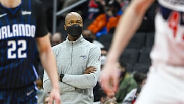 Jan 12, 2022; Washington, District of Columbia, USA; Orlando Magic head coach Jamal Mosley looks on against the Washington Wizards during the first half at Capital One Arena. Mandatory Credit: Brad Mills-Imagn Images