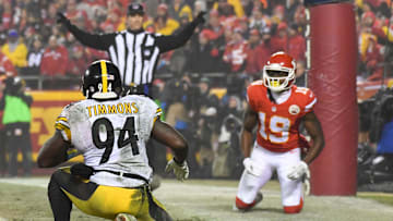 Jan 15, 2017; Kansas City, MO, USA; Pittsburgh Steelers inside linebacker Lawrence Timmons (94) gets up after defending Kansas City Chiefs wide receiver Jeremy Maclin (19) on a two-point conversion attempt during the fourth quarter in the AFC Divisional playoff game at Arrowhead Stadium. Mandatory Credit: Kirby Lee-Imagn Images
