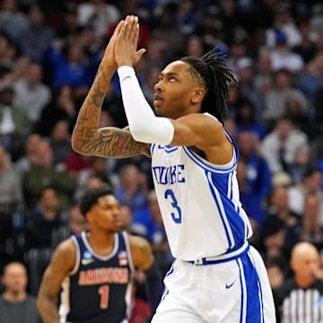 Mar 27, 2025; Newark, NJ, USA; Duke Blue Devils guard Isaiah Evans (3) reacts after a play during the first half against the Arizona Wildcats during an East Regional semifinal of the 2025 NCAA tournament at Prudential Center. Mandatory Credit: Robert Deutsch-Imagn Images