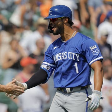 Aug 4, 2024; Detroit, Michigan, USA; Kansas City Royals outfielder MJ Melendez (1) receives congratulations from outfielder Kyle Isbel (28) after he hits a three run home run in the ninth inning against the Detroit Tigers at Comerica Park. Mandatory Credit: Rick Osentoski-USA TODAY Sports