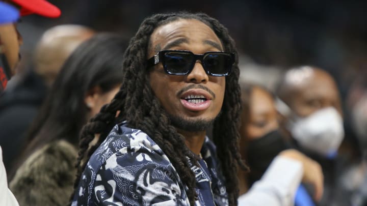 Jan 28, 2022; Atlanta, Georgia, USA; Rapper and entertainer Quavo watches a game between the Atlanta Hawks and Boston Celtics in the second quarter at State Farm Arena. Mandatory Credit: Brett Davis-USA TODAY Sports