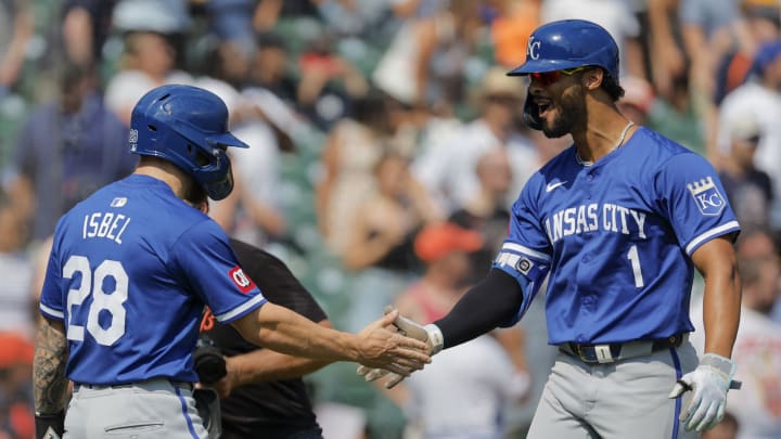 Aug 4, 2024; Detroit, Michigan, USA; Kansas City Royals outfielder MJ Melendez (1) receives congratulations from outfielder Kyle Isbel (28) after he hits a three run home run in the ninth inning against the Detroit Tigers at Comerica Park. Mandatory Credit: Rick Osentoski-USA TODAY Sports