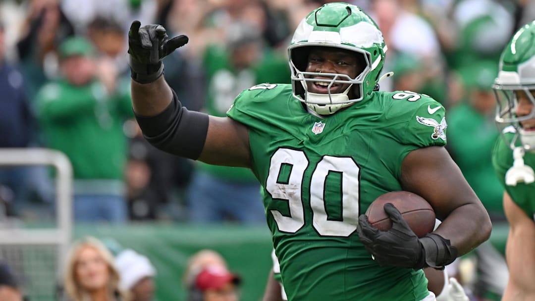 Oct 26, 2025; Philadelphia, Pennsylvania, USA; Philadelphia Eagles defensive tackle Jordan Davis (90) against the New York Giants at Lincoln Financial Field.