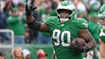 Oct 26, 2025; Philadelphia, Pennsylvania, USA; Philadelphia Eagles defensive tackle Jordan Davis (90) against the New York Giants at Lincoln Financial Field.