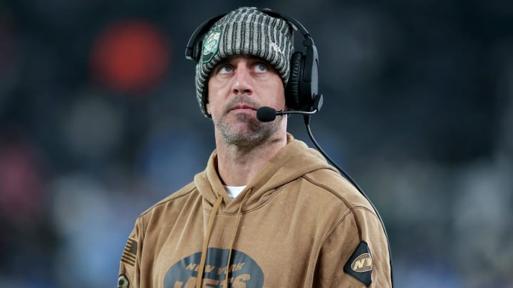 Nov 6, 2023; East Rutherford, New Jersey, USA; New York Jets injured quarterback Aaron Rodgers reacts during the fourth quarter against the Los Angeles Chargers at MetLife Stadium.