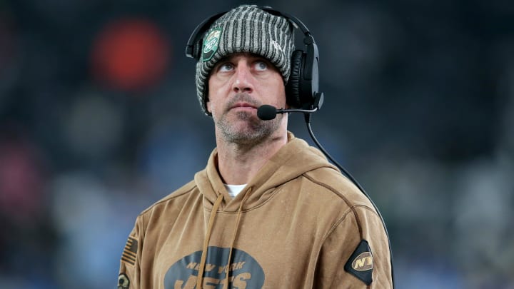 Nov 6, 2023; East Rutherford, New Jersey, USA; New York Jets injured quarterback Aaron Rodgers reacts during the fourth quarter against the Los Angeles Chargers at MetLife Stadium.