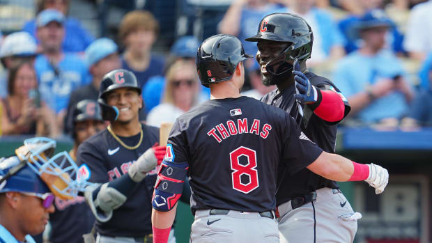 Lane Thomas celebrates after hitting a home run 