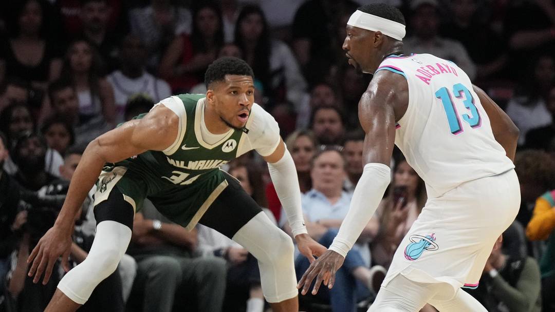 Apr 5, 2025; Miami, Florida, USA; Miami Heat center Bam Adebayo (13) looks to pass the ball as Milwaukee Bucks forward Giannis Antetokounmpo (34) defends during the second half at Kaseya Center. Mandatory Credit: Jim Rassol-Imagn Images Apr 5, 2025; Miami, Florida, USA; Miami Heat center Bam Adebayo (13) looks to pass the ball as Milwaukee Bucks forward Giannis Antetokounmpo (34) defends during the second half at Kaseya Center. Mandatory Credit: Jim Rassol-Imagn Images