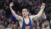 Mar 22, 2025; Philadelphia, PA, USA; Lucas Byrd of the Illinois Fighting Illini celebrates win against Drake Ayala of the Iowa Hawkeyes (not pictured) during the Division I Men's Wrestling Championship held at Wells Fargo Center. Mandatory Credit: Eric Hartline-Imagn Images
