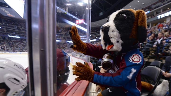 Jan 4, 2016; Denver, CO, USA; Colorado Avalanche mascot Bernie pounds on the glass during the game against the Los Angeles Kings at the Pepsi Center. The Avalanche defeated the Kings 4-1. Mandatory Credit: Ron Chenoy-Imagn Images