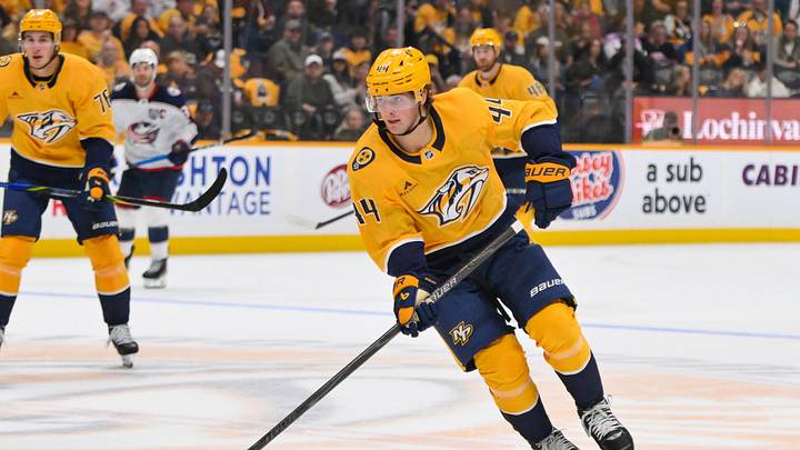 Oct 9, 2025; Nashville, Tennessee, USA; Nashville Predators center Brady Martin (44) skates with the puck against the Columbus Blue Jackets during the second period at Bridgestone Arena. Mandatory Credit: Steve Roberts-Imagn Images