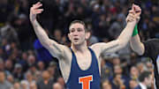 Mar 22, 2025; Philadelphia, PA, USA; Lucas Byrd of the Illinois Fighting Illini celebrates win against Drake Ayala of the Iowa Hawkeyes (not pictured) during the Division I Men's Wrestling Championship held at Wells Fargo Center. Mandatory Credit: Eric Hartline-Imagn Images