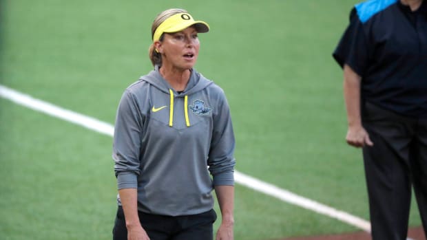 Oregon coach Melyssa Lombardi during a game between the Oklahoma State Cowgirls and the Ducks in the Stillwater Regional.