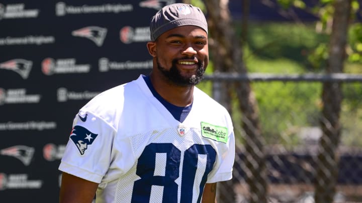 Jun 10, 2024; Foxborough, MA, USA; New England Patriots wide receiver Kayshon Boutte (80) walks to the practice fields for minicamp at Gillette Stadium. Mandatory Credit: Eric Canha-USA TODAY Sports