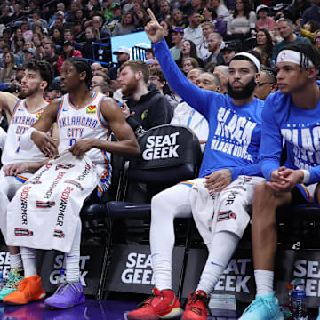 Feb 6, 2024; Salt Lake City, Utah, USA; The Oklahoma City Thunder bench reacts to a shot against the Utah Jazz during the second quarter at Delta Center. Mandatory Credit: Rob Gray-Imagn Images