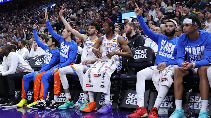 Feb 6, 2024; Salt Lake City, Utah, USA; The Oklahoma City Thunder bench reacts to a shot against the Utah Jazz during the second quarter at Delta Center. Mandatory Credit: Rob Gray-Imagn Images