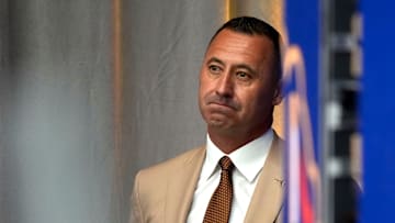 July 15, 2025; Atlanta, GA, USA; Texas head coach Steve Sarkisian waits off stage as he is introduced during SEC Media Days at the College Football Hall of Fame in Atlanta.
