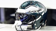 Feb 9, 2025; New Orleans, LA, USA; Detailed view of a Philadelphia Eagles helmet during Super Bowl LIX at Ceasars Superdome. Mandatory Credit: Mark J. Rebilas-Imagn Images