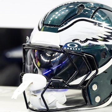 Feb 9, 2025; New Orleans, LA, USA; Detailed view of a Philadelphia Eagles helmet during Super Bowl LIX at Ceasars Superdome. Mandatory Credit: Mark J. Rebilas-Imagn Images
