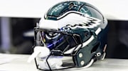 Feb 9, 2025; New Orleans, LA, USA; Detailed view of a Philadelphia Eagles helmet during Super Bowl LIX at Ceasars Superdome. Mandatory Credit: Mark J. Rebilas-Imagn Images