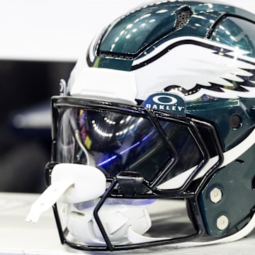 Feb 9, 2025; New Orleans, LA, USA; Detailed view of a Philadelphia Eagles helmet during Super Bowl LIX at Ceasars Superdome. Mandatory Credit: Mark J. Rebilas-Imagn Images