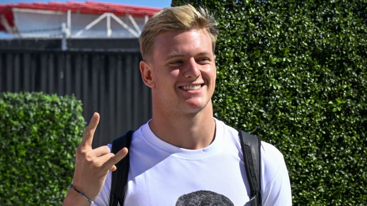 Oct 21, 2022; Austin, Texas, USA; Haas F1 Team driver Mick Schumacher (47) arrives for practice for the U.S. Grand Prix at the Circuit of the Americas. Mandatory Credit: Jerome Miron-USA TODAY Sports