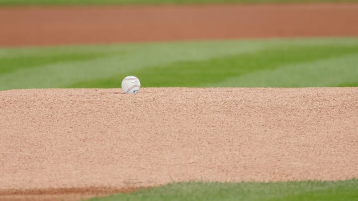 Jun 26, 2021; Detroit, Michigan, USA;  Baseball sits on the mound prior to the game between the