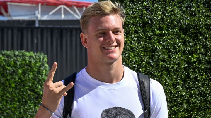 Oct 21, 2022; Austin, Texas, USA; Haas F1 Team driver Mick Schumacher (47) arrives for practice for the U.S. Grand Prix at the Circuit of the Americas. Mandatory Credit: Jerome Miron-USA TODAY Sports