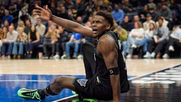 Nov 29, 2025; Minneapolis, Minnesota, USA; Minnesota Timberwolves guard Anthony Edwards (5) calls for a foul on the Boston Celtics in the third quarter at Target Center.