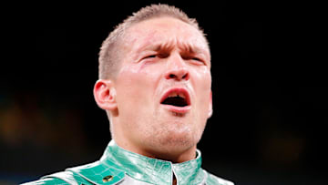 Oct 12, 2019; Chicago, IL, USA; Oleksandr Usyk (white trunks) after his win over Chazz Witherspoon (not pictured) box during a heavyweight boxing match at Wintrust Arena. Mandatory Credit: Jon Durr-Imagn Images