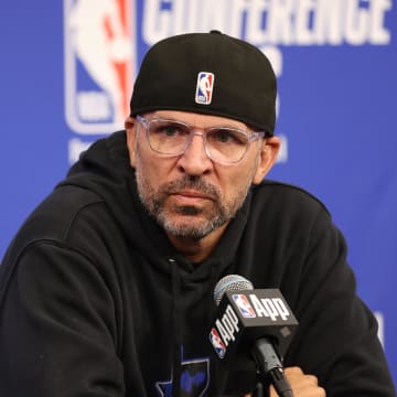 May 30, 2024; Minneapolis, Minnesota, USA; Dallas Mavericks head coach Jason Kidd at a press conference before game five of the western conference finals for the 2024 NBA playoffs against the Minnesota Timberwolves at Target Center. Mandatory Credit: Jesse Johnson-USA TODAY Sports