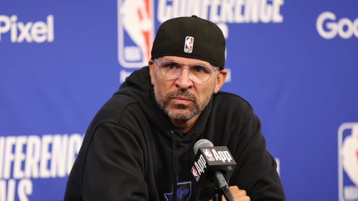 May 30, 2024; Minneapolis, Minnesota, USA; Dallas Mavericks head coach Jason Kidd at a press conference before game five of the western conference finals for the 2024 NBA playoffs against the Minnesota Timberwolves at Target Center. Mandatory Credit: Jesse Johnson-USA TODAY Sports