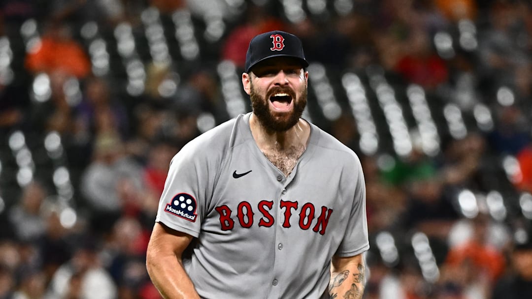 Aug 26, 2025; Baltimore, Maryland, USA; Boston Red Sox pitcher Lucas Giolito (54) reacts to a strikeout to end the eighth inning against the Baltimore Orioles at Oriole Park at Camden Yards. Mandatory Credit: James A. Pittman-Imagn Images