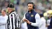Oct 28, 2023; South Bend, Indiana, USA; Notre Dame Fighting Irish head coach Marcus Freeman calls a timeout in the second quarter against the Pittsburgh Panthers at Notre Dame Stadium. 