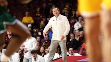Nov 18, 2025; Minneapolis, Minnesota, USA; Minnesota Golden Gophers head coach Niko Medved reacts during the second half against the Chicago State Cougars at Williams Arena. Mandatory Credit: Matt Krohn-Imagn Images