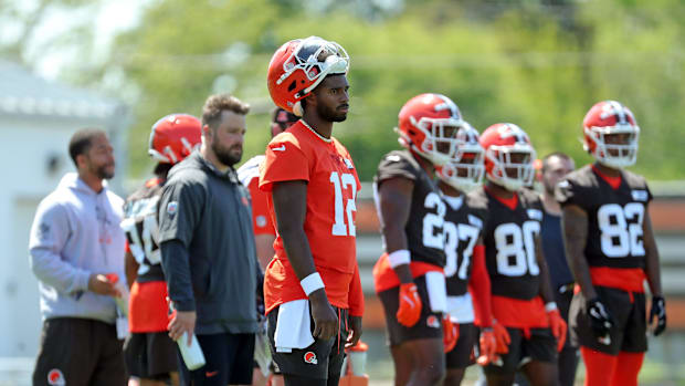 Cleveland Browns quarterback Shedeur Sanders (12) watches from the sideline during day two of NFL rookie minicamp at the Clev