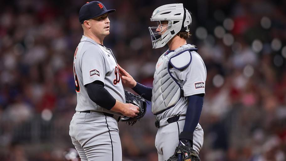 Detroit Tigers starting pitcher Tarik Skubal (29) talks to catcher Dillon Dingler on the mound