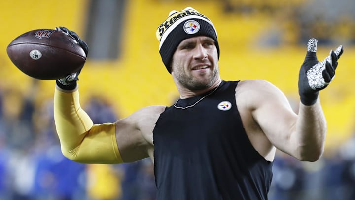 Dec 7, 2023; Pittsburgh, Pennsylvania, USA;  Pittsburgh Steelers linebacker T.J. Watt (90) warms up before the game against the New England Patriots at Acrisure Stadium.