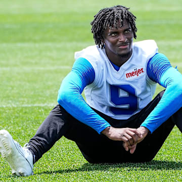 Detroit Lions cornerback Ennis Rakestraw Jr. stretches after practice during OTAs at Meijer Performance Center in Allen Park on Friday, May 30, 2025.