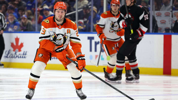 Jan 10, 2026; Buffalo, New York, USA;  Anaheim Ducks center Mason McTavish (23) looks for the puck during the first period against the Buffalo Sabres at KeyBank Center. Mandatory Credit: Timothy T. Ludwig-Imagn Images