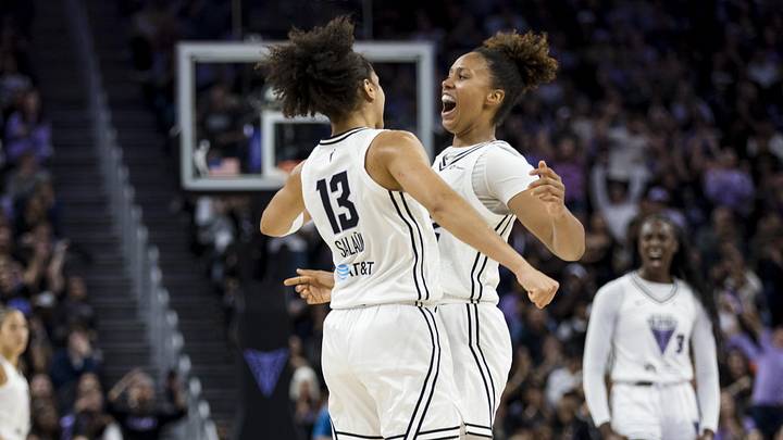 Sep 4, 2025; San Francisco, California, USA;  Golden State Valkyries forward Janelle Salaun (13) is congratulated by center Iliana Rupert (12) after she scored against the Dallas Wings during the second half at Chase Center. Mandatory Credit: John Hefti-Imagn Images