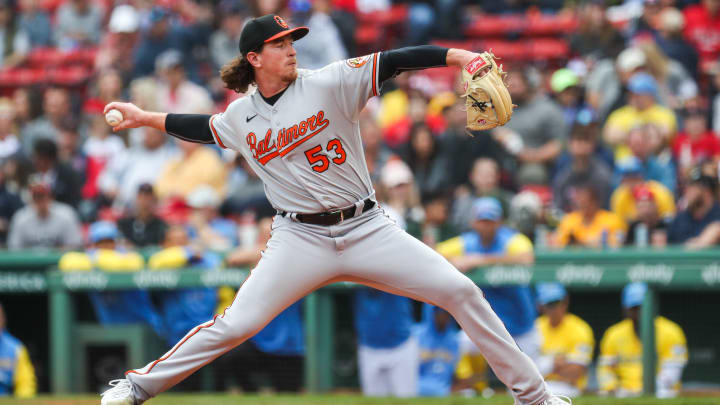 Sep 29, 2022; Boston, Massachusetts, USA; Baltimore Orioles relief pitcher Michael Baumann (53) throws a pitch.