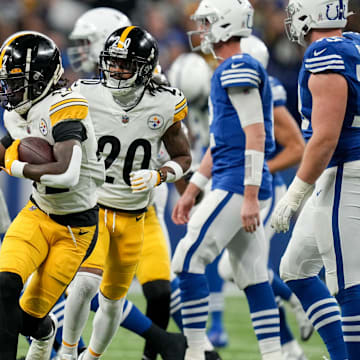 Pittsburgh Steelers cornerback James Pierre (42) comes up with the ball after a Indianapolis Colts fumble Monday, Nov. 28, 2022, during a game against the Pittsburgh Steelers at Lucas Oil Stadium in Indianapolis.