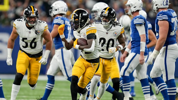 Pittsburgh Steelers cornerback James Pierre (42) comes up with the ball after a Indianapolis Colts fumble Monday, Nov. 28, 2022, during a game against the Pittsburgh Steelers at Lucas Oil Stadium in Indianapolis.