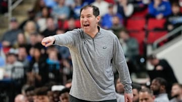 Mar 21, 2025; Raleigh, NC, USA; Baylor Bears head coach Scott Drew reacts during the first half against the Mississippi State Bulldogs in the first round of the NCAA Tournament at Lenovo Center. Mandatory Credit: Bob Donnan-Imagn Images