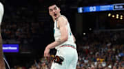 Apr 18, 2025; Memphis, Tennessee, USA; Memphis Grizzlies center Zach Edey (14) reacts during the fourth quarter against the Dallas Mavericks at FedExForum. Mandatory Credit: Petre Thomas-Imagn Images