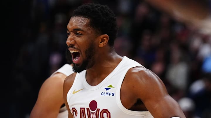 Feb 9, 2026; Denver, Colorado, USA; Cleveland Cavaliers guard Donovan Mitchell (45) celebrates defeating the Denver Nuggets at Ball Arena. Mandatory Credit: Ron Chenoy-Imagn Images